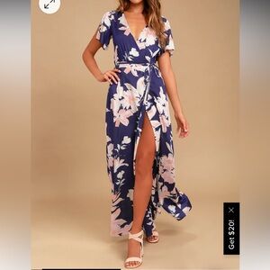 Azalea Regalia Navy Blue Floral Print Wrap Maxi Dress, size small, worn once